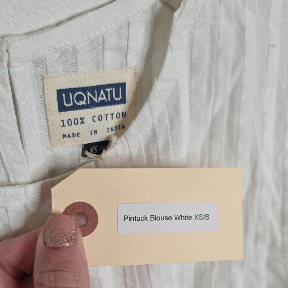 Uqnatu Pintuck White Pleated Blouse with Tie Waist NWT - Picture 2 of 8